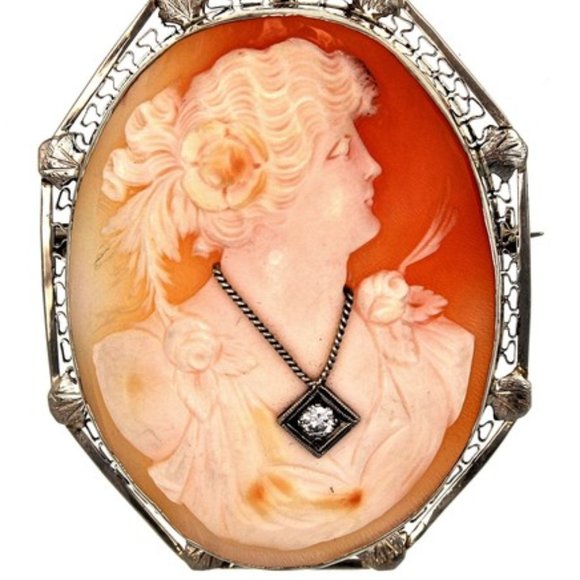 Antique Victorian Shell 14K White Gold & Diamond Habillé Cameo Brooch Pendant - Picture 2 of 5